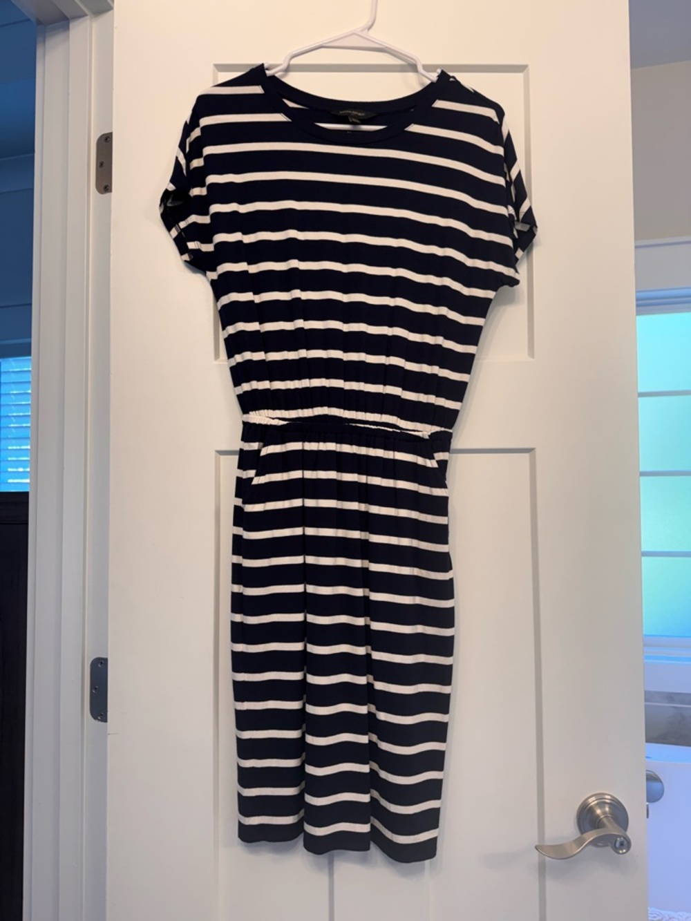 Banana Republic Navy and White Striped Elastic-Waist Dress with pockets